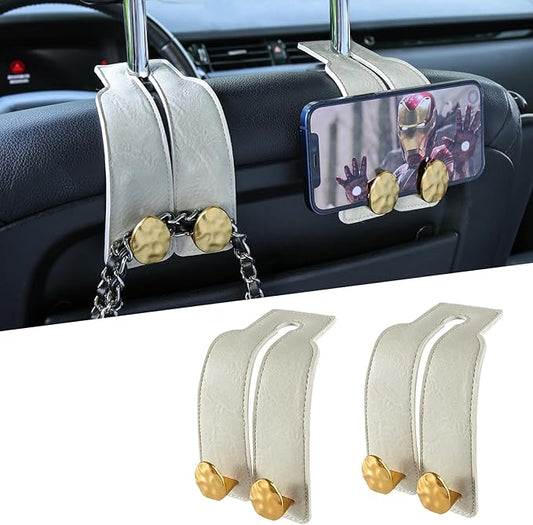 2PCS Leather Car Seat Hooks for Headrest, Vehicle Hanger Storage Organizer Universal for Handbag Purse, Car Accessories Gift (White-Gold)