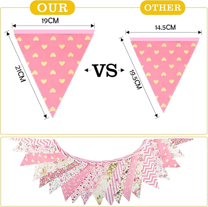 G2PLUS 39Ft Triangle Bunting Banner, 42Pcs Pink Floral Garland Pennant Banner, Reusable Cotton Triangle Flags Party Decoration for Birthday, Wedding, Garden Tea Party, Baby Shower, Room Decor