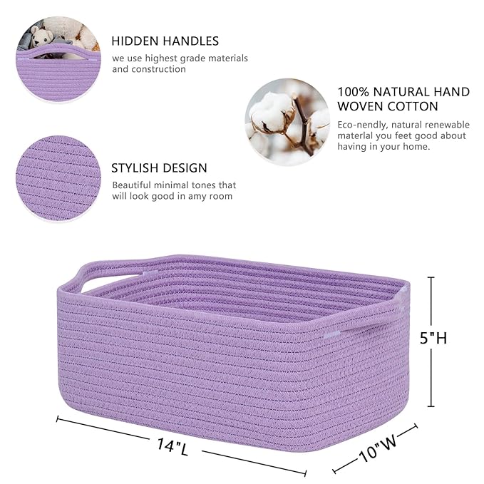 CubesLand Cute and Durable Small Cotton Rope Basket for Organizing, Woven Closet Storage Bin,Shelves Closet Storage Basket, Bathroom Storage Organizer Bin, Nursery Toy Basket Bin, Purple Basket