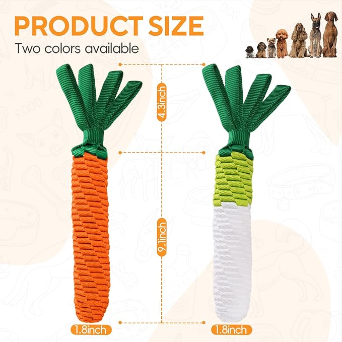 Dog Rope Toy, Tug of War Dog Toy, Cute Carrot Dog Toy with Crinkle Paper Tags, Radish