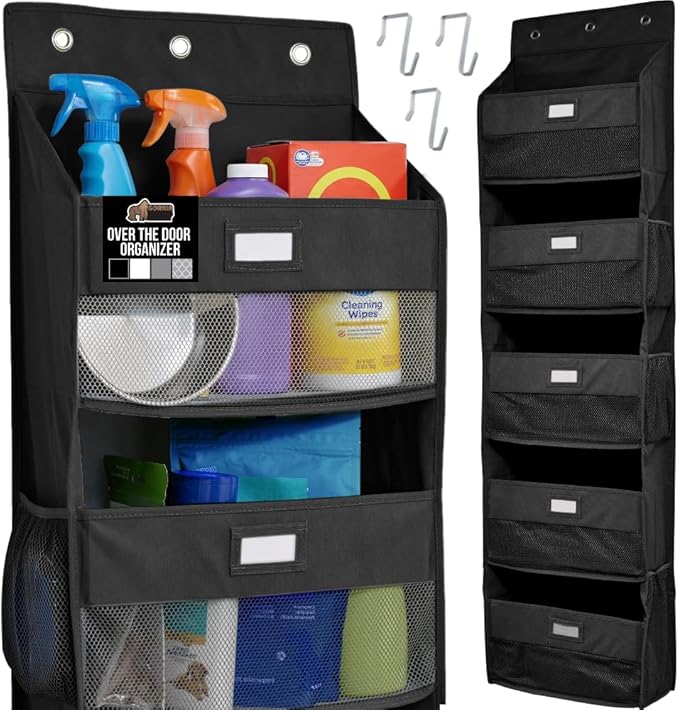 GORILLA GRIP Large Capacity Closet Organizer, 5 Deep Shelves, Holds 50lbs, Over the Door Organizers 6 Mesh Pockets, Shelf Storage for Clothes Crafts Dorm Essentials, 3 Metal Hooks, 58x15 Inches, Black
