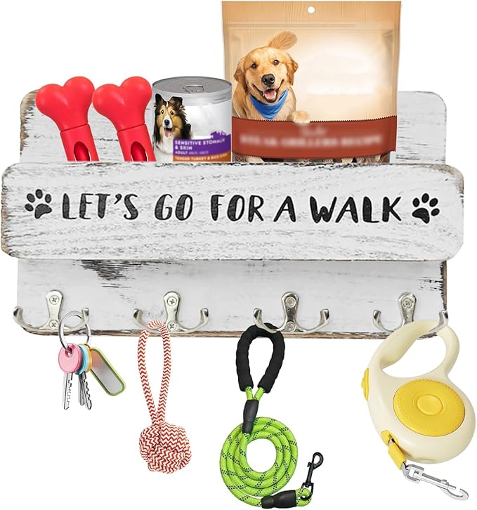 Wood Dog Leash Holder for Wall, Key Hangers with 4 Double Key Hooks, Dog Leash Hanger Wall Mounted for Entryway, Farmhouse Treats,30cm,White