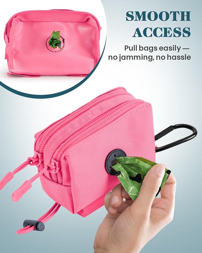 Dog Poop Bag Holder for Leashes, Pink Doggie Waste Bag Dispenser and Treat Holder, with Carabiner Hook and Poop Bag Clip, Used Waterproof Wear-Resistant Fabric and 2 Zippered Pouches for Walking