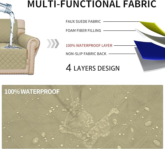 Easy-Going Waterproof Oversized Loveseat Covers Leakproof Couch Cover for 2 Cushion Couch Sofa Cover Washable Sofa Slipcover Non-Slip Furniture Protector with Pocket for Pets (Medium-XL, Sand)