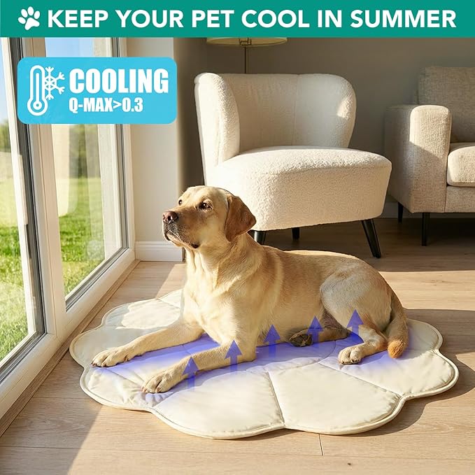 PetAmi Dog Cooling Mat, Flower Shape, Reversible Cooling Nylon Blanket Soft Fleece Pet Pad for Dogs Cats, Summer All Season Use Q-Max>0.3, Large 54x54 in, Beige