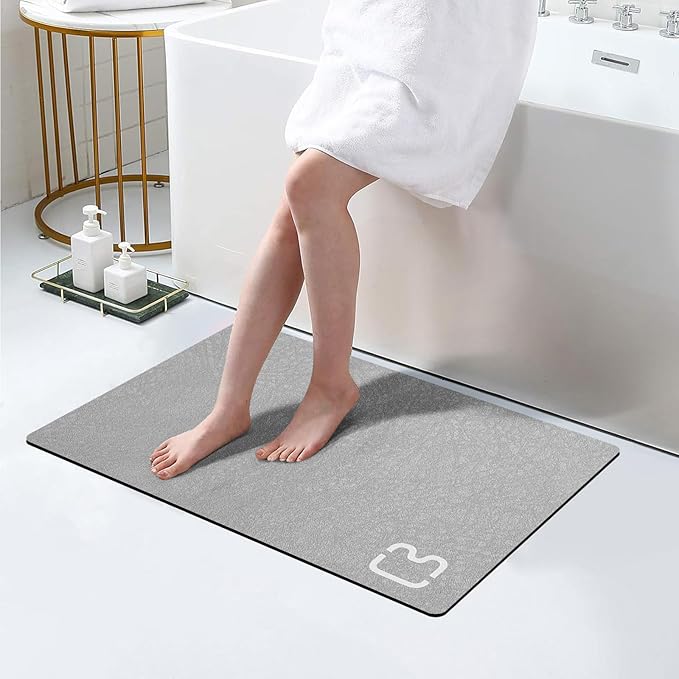 Bath Mat Rugs Quick Dry Super Absorbent Diatomaceous Earth Bath Mat Non Slip Rubber Bottom Thin Bathroom Mat Fit Under Door, Floor Rugs in Front of Bathtub,Shower Room,Sink, 17 x 32, Grey