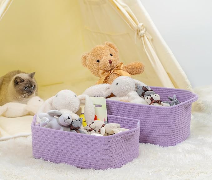 CubesLand Cute and Durable Small Cotton Rope Basket for Organizing, Woven Closet Storage Bin,Shelves Closet Storage Basket, Bathroom Storage Organizer Bin, Nursery Toy Basket Bin, Purple Basket