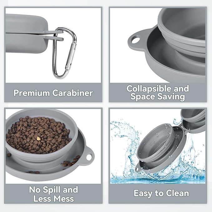 PNEUICALLY Collapsible Dog Water Bowl 2 in 1 Foldable Pet Food and Water Bowl Portable Cats Dishes with Carabiner Clip for Traveling Hiking Camping Walking (Grey)