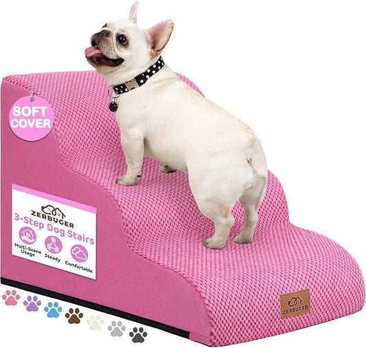 Zerbuger Dog Ramp and Stair for Bed 16" H-20 H,3-Step Cat Stair for Sofa and Chair,4-Step Dog Ramp for High Bed and Window,Durable Nonslip Fabric Cover for Indoor (Pink-16 H, Pet Friendly, 3)