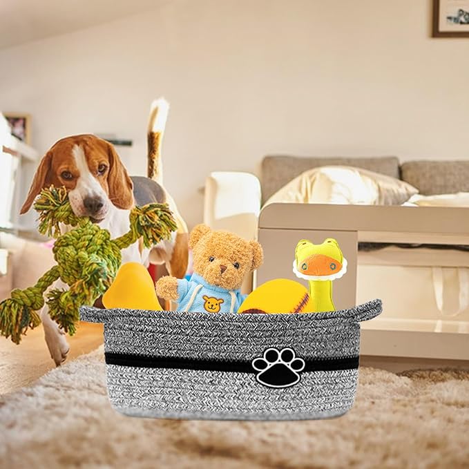 Small Woven Baskets for Organizing Rope Storage Basket with Handle Cute Cotton Basket for Nursery Gift Dog Toy Storage Bins for Toy Organizer-Black&Grey