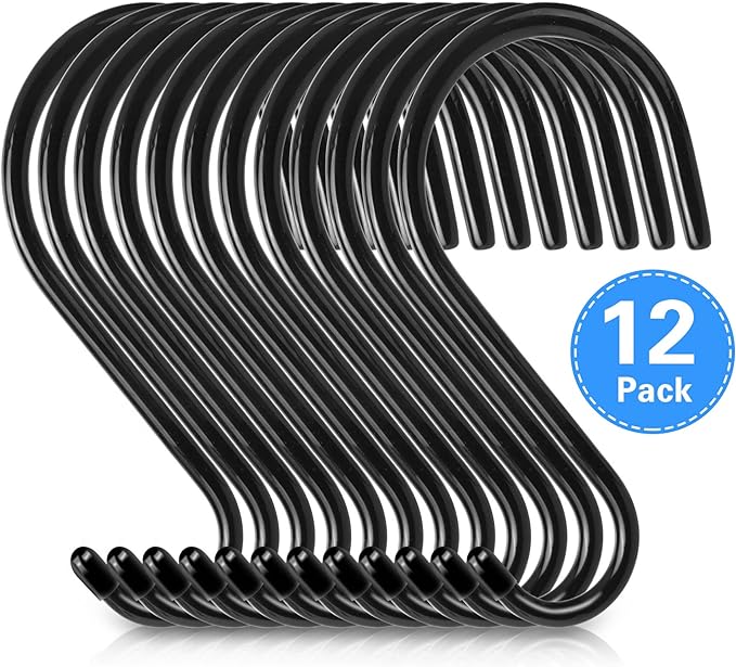 Antimbee 12 Pack Heavy Duty S Hooks, 5.5 inch Large S Hooks, S Hook Hanger with Rubber Coated, Black S Shaped Hook for Hanging Plants, Banana, Clothes, Bags,Towels, Kitchen Utensil