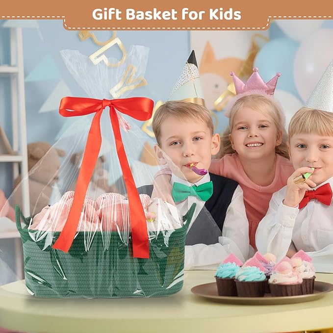 Large Empty Gift Baskets for Baby Shower, 16.5"L x 12.6"W x 7"H Cute Woven Storage Basket with Gift Bags and Ribbons, Small Rope Toy Basket with Handles, Cat Dog Pet Toy Organizer - Green