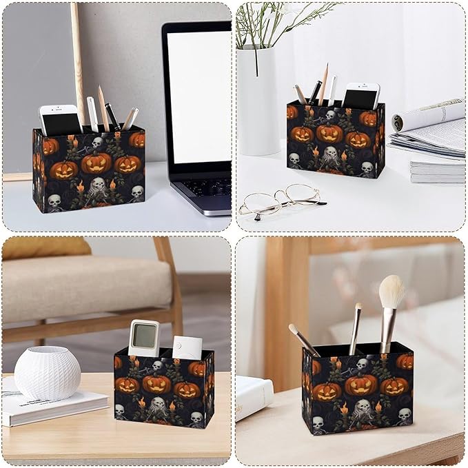 Famame Skull Pumpkins Pencil Holder for Desk, Leather Desktop Container Pen Cup Storage Study Table Pen Organizer Makeup Brush Holder for Classroom Office Home