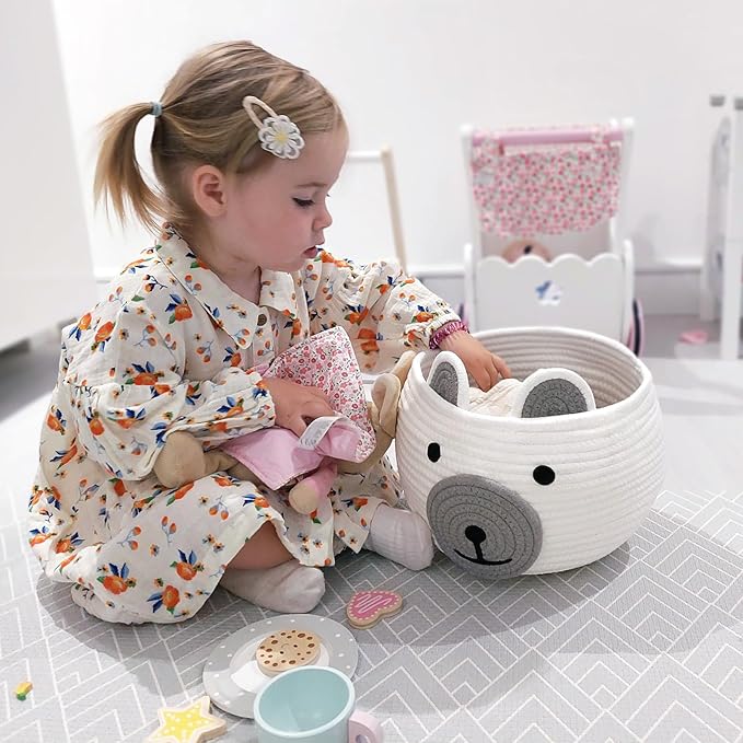 CherryNow Cotton Rope Baby Basket for Nursery, Bear Gift Baskets for Kids, Empty Baby Shower Basket with Handles, Small Cute Animal Baskets, White, 10.5"D x 8.5"H