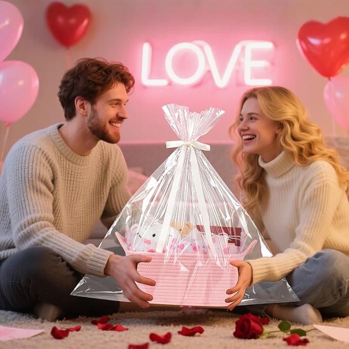 OIAHOMY Woven Basket, Gift Basket Empty with Gift Bags Ribbons and Wrap Tissue Paper, Rope Baskets for Baby Showers, Storage Baskets with Handles for Nursery, Pet Toy Organizer - Valentine's Pink