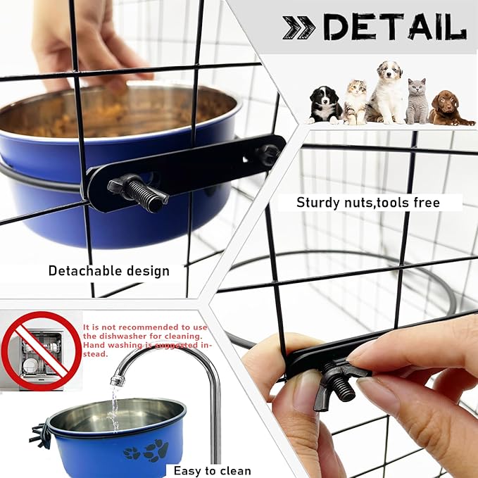 Dog Crate Food and Water Bowl 2Pcs Small Pet Hanging Kennel Removable Dish Feeding Cup with Holder for Medium Large Size Cat Puppy (Blue, 5.5''X2.3''&6.3‘’X2.5'')