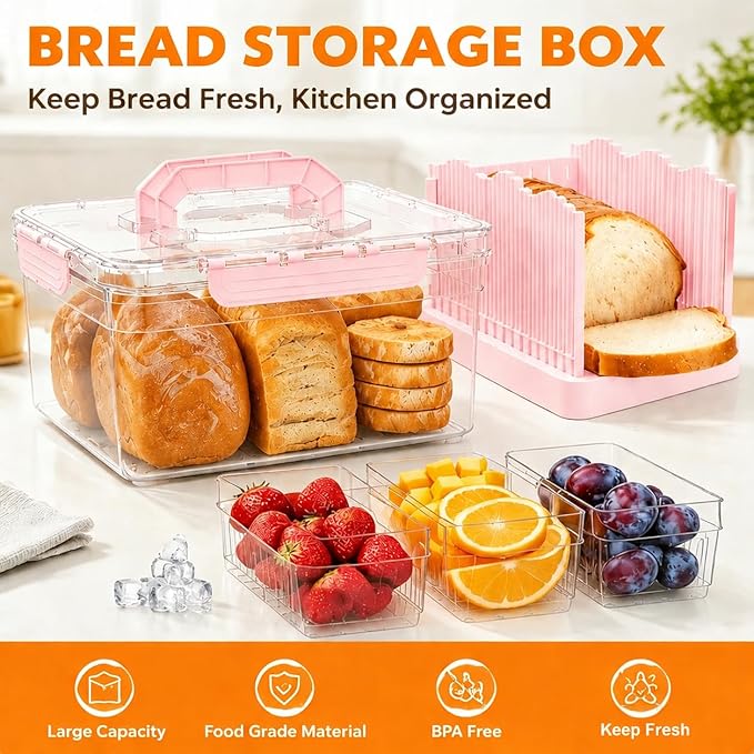 Bread Box with Slicer & Ice Chilled Condiment Caddy, Portable Airtight Bread Storage Container with Lid Handle for Kitchen Counter, Bread Keeper for Homemade Bread,Toast, Bagel, Cookies, Pink
