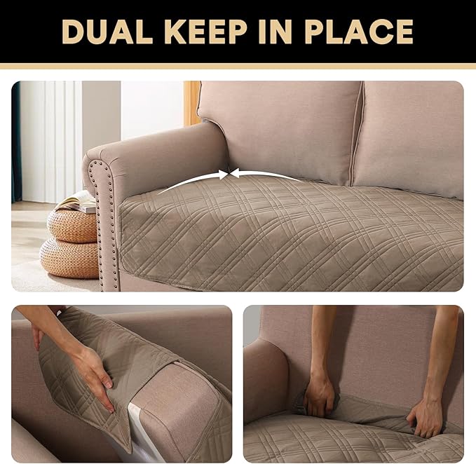 PrinceDeco Waterproof Sofa Bed Cover Washable，Thick Loveseat Couch Covers for 2 Cushion Couch Sofa Pet Friendly, Pet Couch Covers Furniture Protector for Dogs Cats ((Taupe,40x48 Inch)