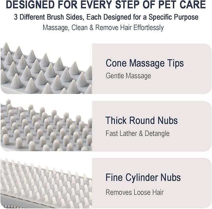 3-in-1 Pet Grooming & Bath Brush for Dogs and Cats, Triple-Sided Design with Cone Massage Tips, Long Self-Cleaning Deshedding Nubs, Short Bathing Nubs, Soft Silicone Brush with Hanging Loop, Black