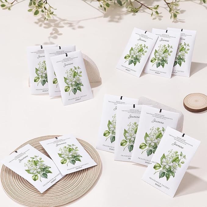 MYARO 12 Packs Jasmine Scented Sachets for Drawer and Closet, Long-Lasting Air Freshener Sachet Bag Drawer Car Bathroom Deodorizers Fresh Scent Home Fragrance