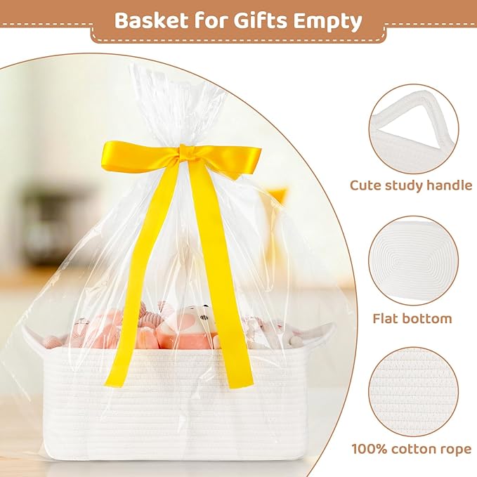 Large Empty Gift Baskets for Baby Shower, 16.5"L x 12.6"W x 7"H Cute Woven Storage Basket with Gift Bags and Ribbons, Small Rope Toy Basket with Handles, Cat Dog Pet Toy Organizer - White