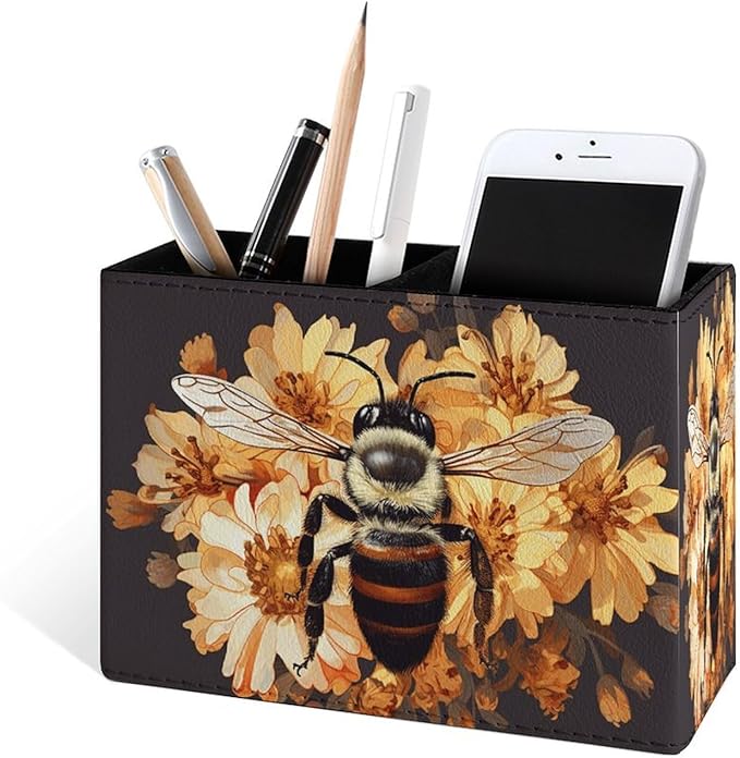 Famame Bee Yellow Wild Flowers Pencil Holder for Desk, Leather Desktop Container Pen Cup Storage Study Table Pen Organizer Makeup Brush Holder for Classroom Office Home