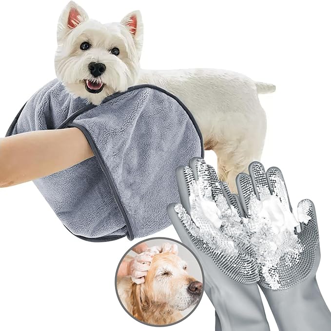 KUEIOX Dog Washing Gloves - Quick Drying Dog Towel,Cat Bath Grooming Gloves Brush with High-Density Teeth for Bathing Massaging，Absorbent Pet Bath Towel 30.3"x13.8" with Hand Pocket for Dog Cat Grey