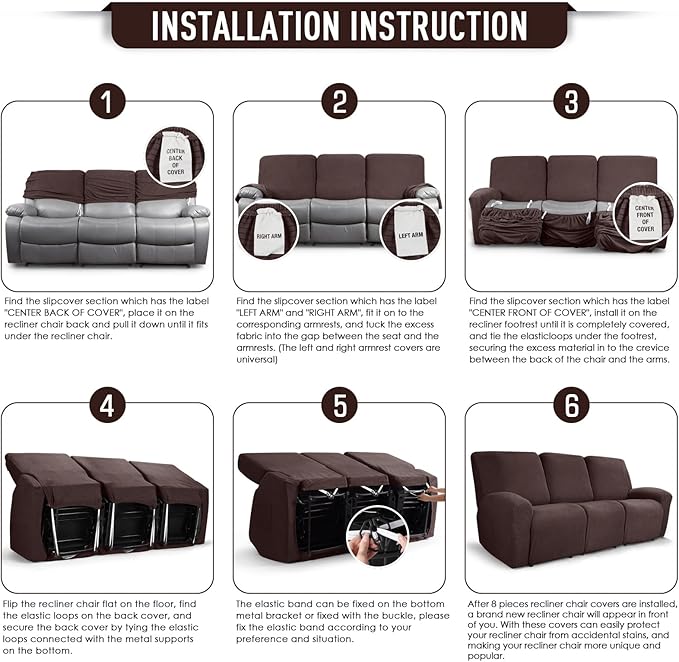TAOCOCO Recliner Sofa Covers 8-Pieces Stretch Large Couch Covers for 3 Seats Reclining Slipcovers Soft Jacquard Pattern Furniture Protector (Dark Coffee)