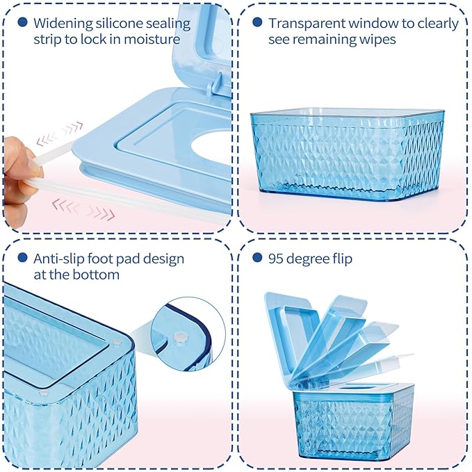 Whiidoom Wipes Dispenser, One-Handed Operation Wipe Holder for Baby & Adult, Seal-Designed Wipes Container for Bathroom Keep Diaper Wipes Fresh (Blue)