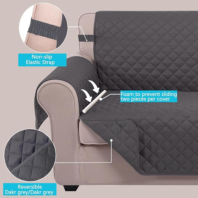 U-NICE HOME Loveseat Sofa Cover Reversible Couch Cover for Dogs with Elastic Straps Water Resistant Furniture Protector for Pets Couch Cover for 2 Cushion Couch (Loveseat, Dark Grey/Dark Grey)