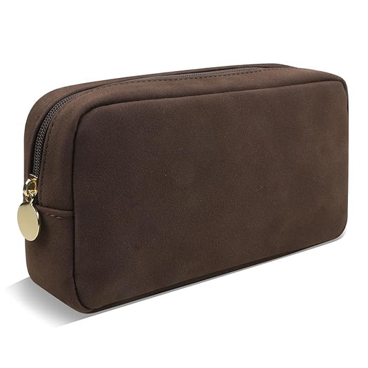 Small Makeup Pouch for Purse, Suede Travel Toiletry Storage Pouch Cute Preppy Cosmetic Bag for Women Girls, Waterproof Makeup Organizer Skincare Bag Purse with Zipper (Small-Coffee)