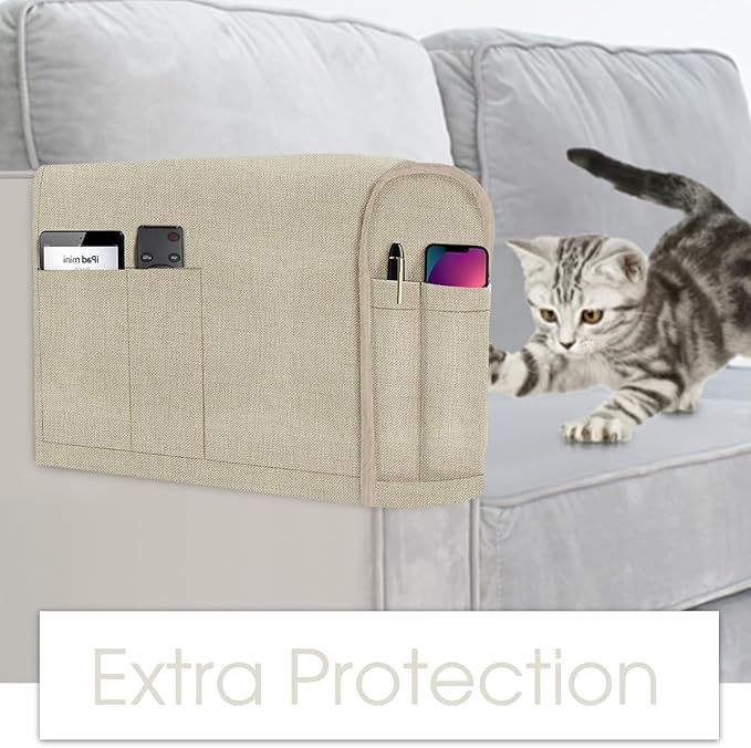 Joywell Armrest Cover Anti-Slip Sofa Arm Protector for Living Room, Armchair Couch Slipcover for Armrest Recliner with 4 Pockets for Tv Remote, Phone, Set of 2 for 6 Inch Width Sofa Armrest, Beige