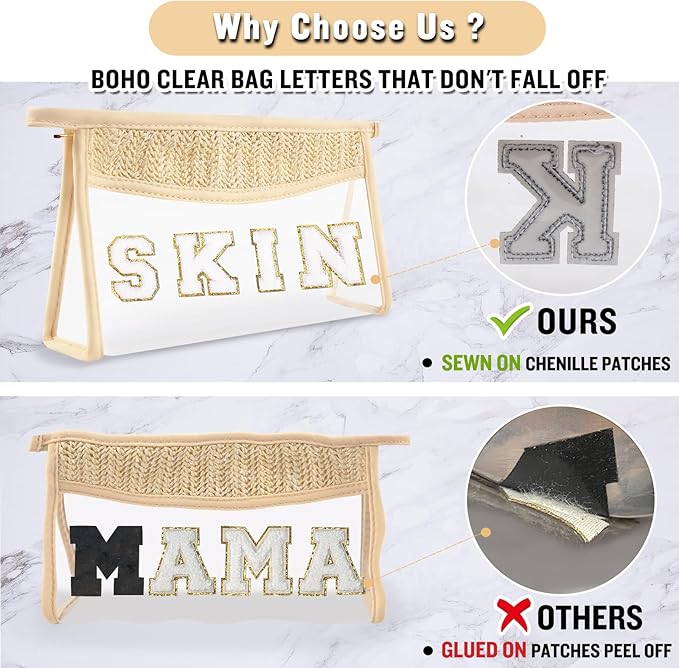 Clear Makeup Letter Patch Makeup Bag SKIN Pouch, Boho Clear Toiletry Bags Travel Small Cute Stadium Chenille Letter Cosmetic Zipper Pouch Purse, Women Transparent Waterproof Makeup Organizer Bag(SKIN)