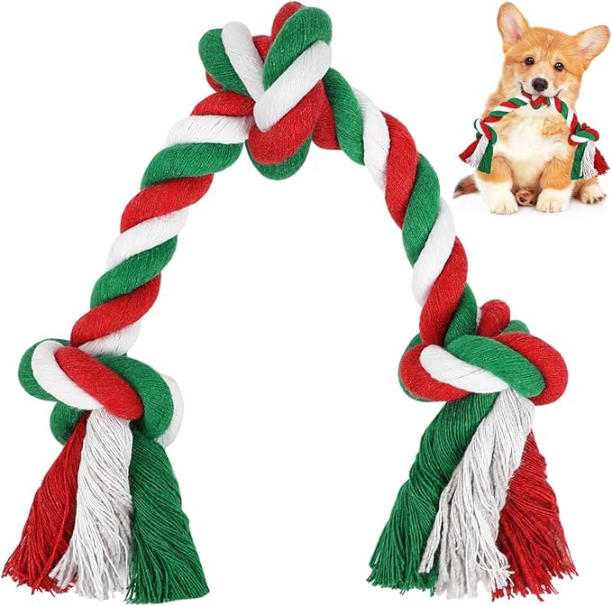 SZEE Dog Rope Toy, 14 in 3 Knots Christmas Dog Chew Toys for Medium and Small Dogs, Natural Cotton Pull Toy for Tug of War and Teeth Cleaning (Red & Green)