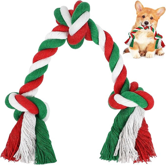 SZEE Dog Rope Toy, 14 in 3 Knots Christmas Dog Chew Toys for Medium and Small Dogs, Natural Cotton Pull Toy for Tug of War and Teeth Cleaning (Red & Green)