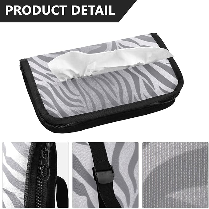 Car Tissue Holder Car Napkin Holder Car Tissue Box Dispenser Storage Case Sun Visor Mask Holder with Adjustable Straps Reusable Refillable Light Silvery Zebra Print