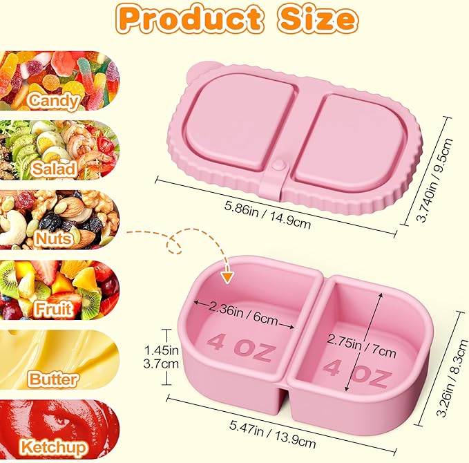 4 Pack Silicone Reusable Snack Containers with Lids, 8.5oz 2 Compartment Snackle Box Container, Leakproof Bento Box Snack Pack Containers Food Storage for Lunch, Picnic, Travel, Office