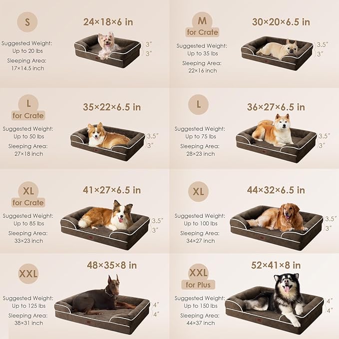 EHEYCIGA Orthopedic Dog Beds for Large Dogs, Waterproof Memory Foam Large Dog Bed with Sides, Non-Slip Bottom and Egg-Crate Foam Pet Couch Bed with Washable Removable Cover, Brown
