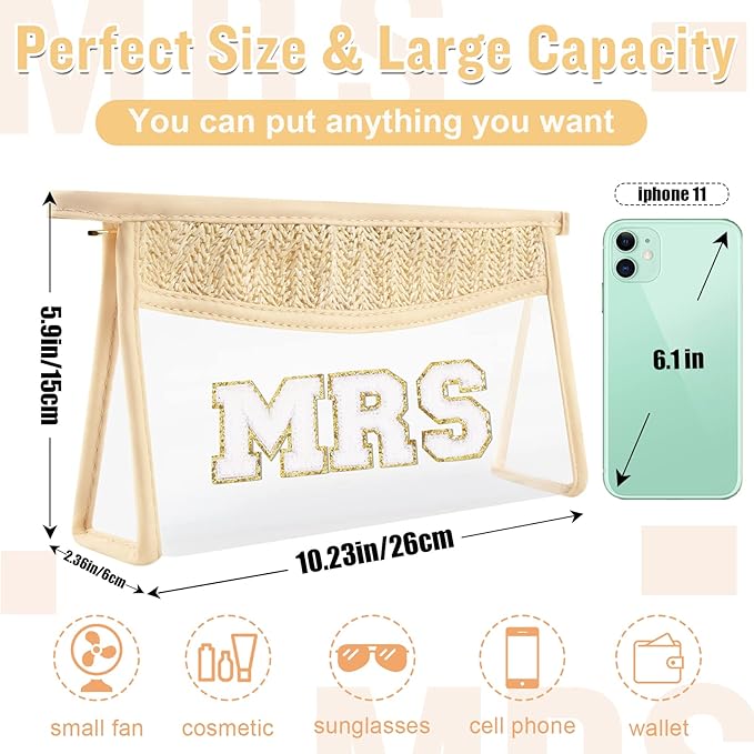 Clear Makeup Letter Patch Makeup Bag MRS Pouch, Boho Clear Toiletry Bags Travel Small Cute Preppy Chenille Letter Cosmetic Zipper Pouch Purse, Waterproof Glitter Wedding Make Up Storage for Women(MRS)