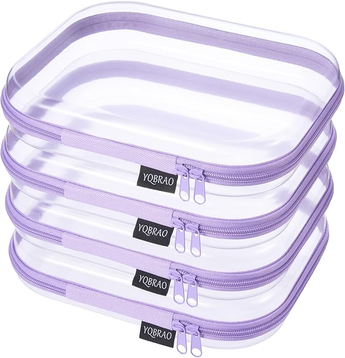YQBRAO 4-Pack Clear Diaper Bag Organizer Pouches, 1.2mm Ultra-Thick PET Travel Pouches for Toiletries & Makeup, Rigid Self-Standing Bags with YKK Zippers, TSA Approved (Purple)