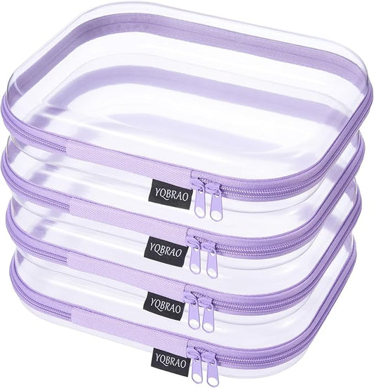 YQBRAO 4-Pack Clear Diaper Bag Organizer Pouches, 1.2mm Ultra-Thick PET Travel Pouches for Toiletries & Makeup, Rigid Self-Standing Bags with YKK Zippers, TSA Approved (Purple)