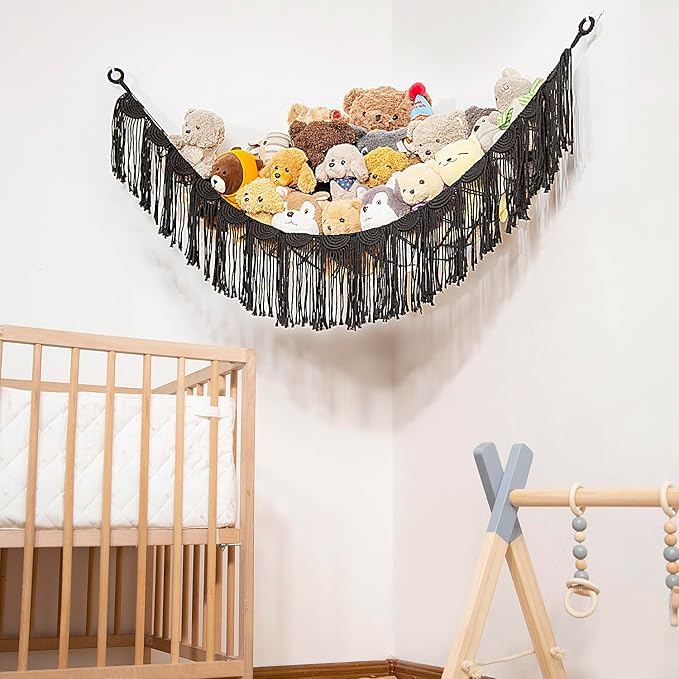 Amdermi Stuffed Animal Hammock Corner Hanging Net for Toy Organizer Playroom Stuffed Animal Toy Hammock Macraem Toy Display Plush Toy Holder for Bedroom (Black)