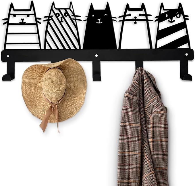 Aimery Metal Cat Coat Hooks Wall Art Decor – Chic Black Key Holder -Coat Hanger Wall Mount – Multipurpose Wall Hooks for Storage, Living Room, Hallway, Office (Black)