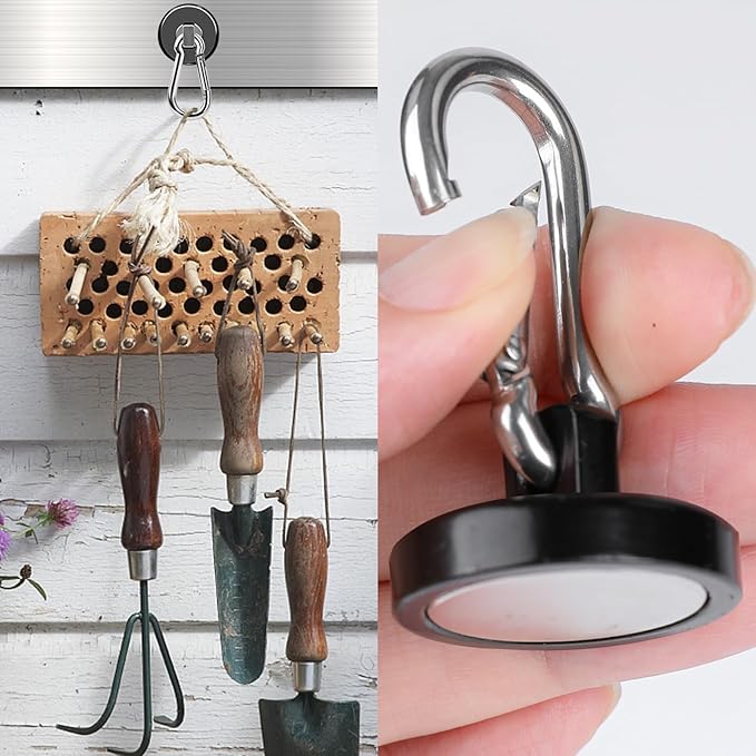 MIKEDE Strong Magnetic Hooks Heavy Duty, 110LB+ Swivel Neodymium Magnets with Carabiner Hook Black, Magnets with Hooks for Hanging, Magnet Hooks for Curtain, Home, Workplace - 6 Pack