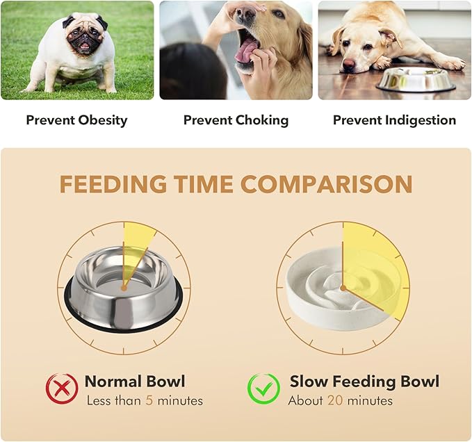 Ceramic 1.2 Cup Dog Bowl Slow Feeder for Medium and Small Dog, 7.3inch Pet Slow Dish, Stop Bloat, Preventing Choking(Single Bowl, Vanilla White)