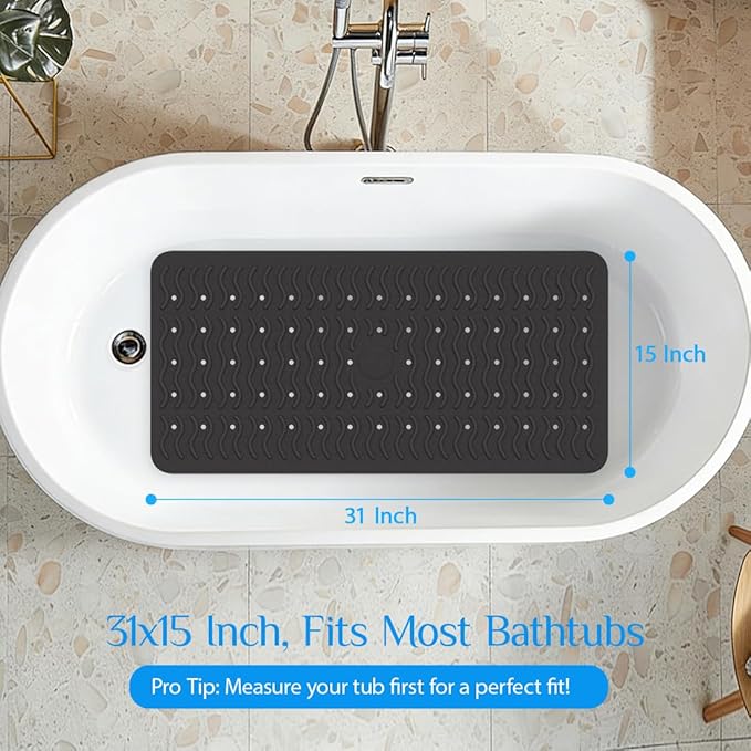 Non Slip Bathtub Mat & Shower Mat, 31x15'' Anti Slip Bath Mat for Tub, Soft TPE Anti-Skid Bathroom Mat with 194 Suction Cups & Drain Holes, Wave-Textured Grip, Machine Washable, Black