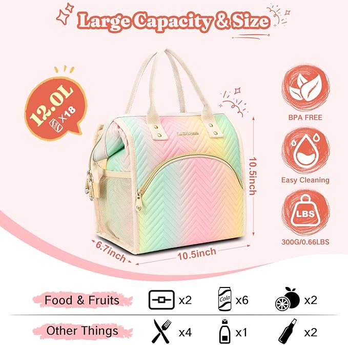 Lunch Bag Women Insulated Lunch Box Wide-Open Lunch Tote Bag Large Drinks Holder Durable Nylon Thermal Snacks Organizer for Men Adults Work Picnic Hiking Beach Fishing, Colorful Wavy