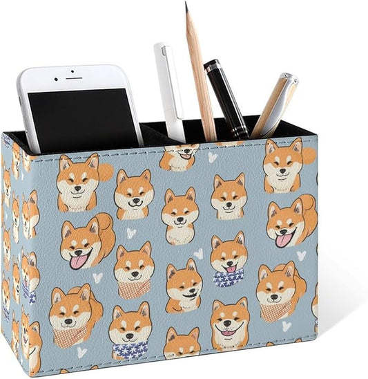Famame Shiba Inu Puppies Dog Cute Pencil Holder for Desk, Leather Desktop Container Pen Cup Storage Study Table Pen Organizer Makeup Brush Holder for Classroom Office Home