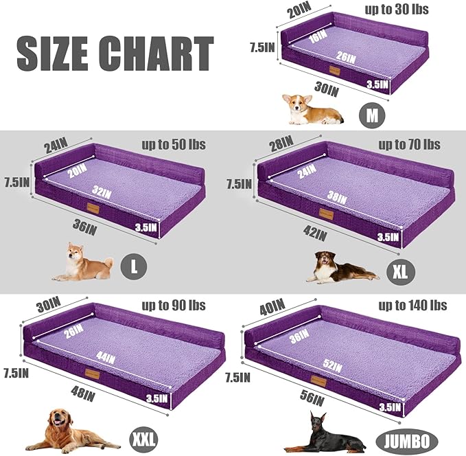 Patas Lague Orthopedic Dog Bed Large Sized Dog 36''X24'', Waterproof L Bolster Medium Pet Sofa Beds with Removable Washable Cover, Soft Pet Couch Crate Mat with Nonskid Bottom, Purple