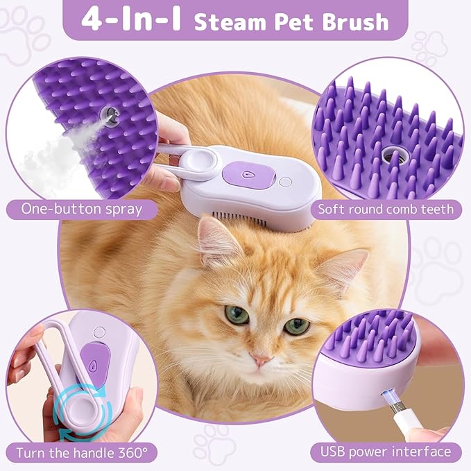 Cats Steam Brush for Cats,4-in-1,Rechargeable Grooming Tool for Cats & Dogs, Anti-Static Design, Delivers Massage, Deep Cleansing, Shedding Control & Styling,Includes Pet Finger Toothbrush(Purple)